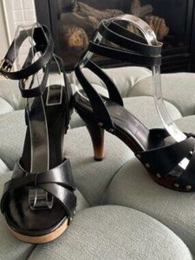 7 For All Mankind Black Leather Sandals with Wooden Ombré Heels